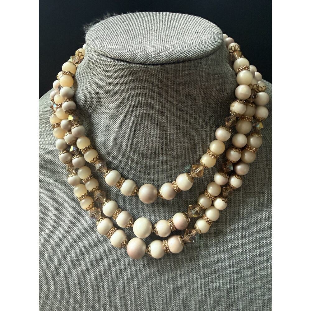 Vintage Faux Pearl Beige Crystal Necklace Three Strand Moon Glow Cocktail 18”